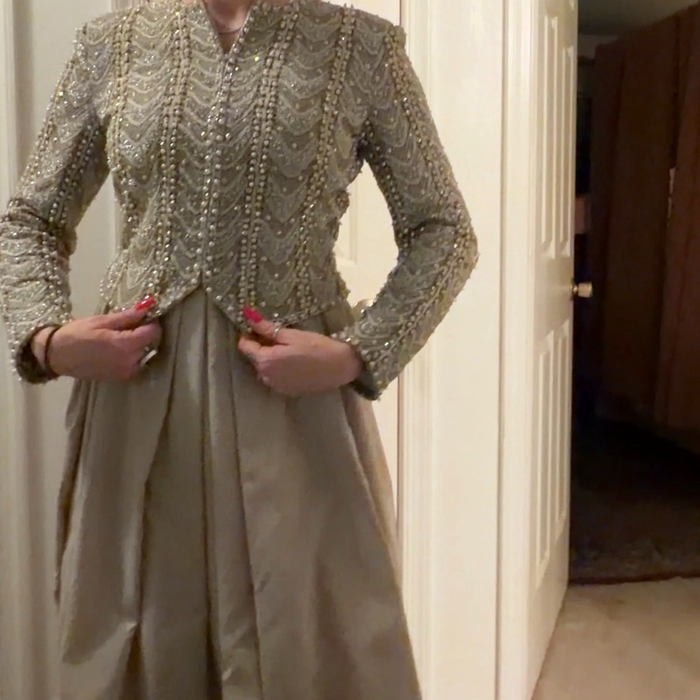 Victoria Royal Beige Evening Gown with Beaded Jacket - Picture 2 of 8